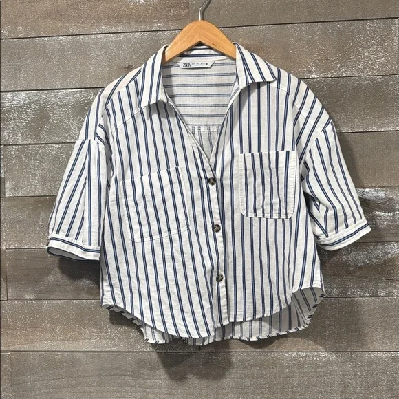 Zara blue striped linen blend crop relaxed top size M - Picture 2 of 6